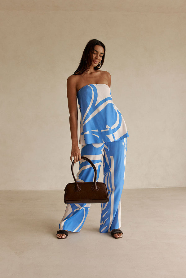 Palm Blue Print Strapless Alma Top