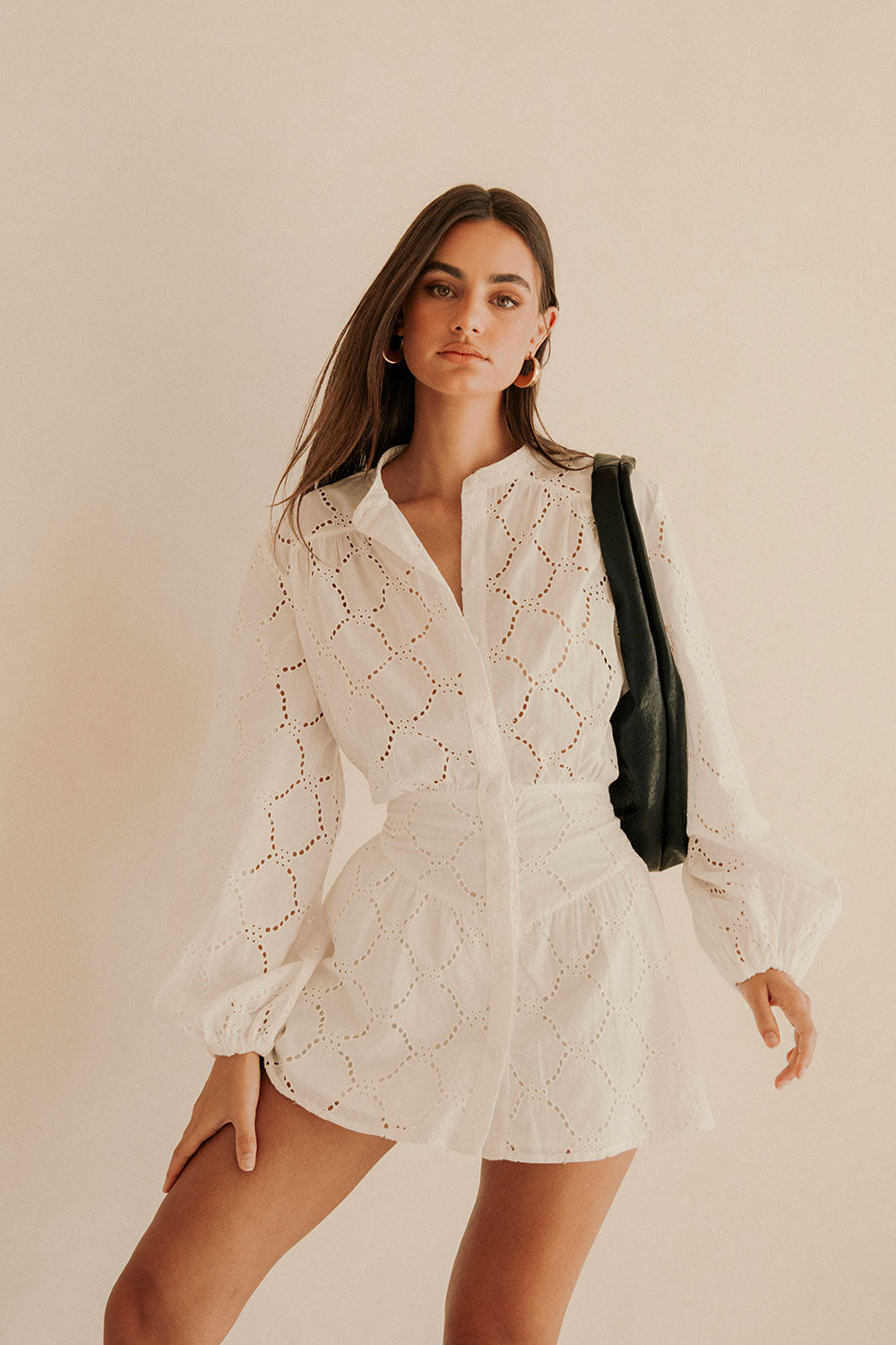 Naima Long Sleeve Button Up Embroidered Mini Corset Dress - White