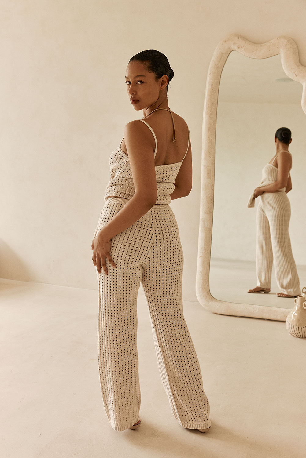 Beige Crochet Knit High Waist Nev Pants