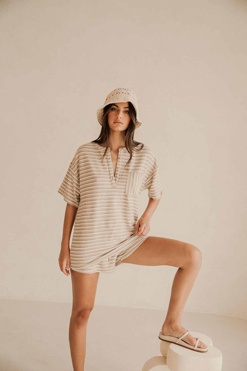 Tan Textured Short Sleeve Button Detail Rhi Top