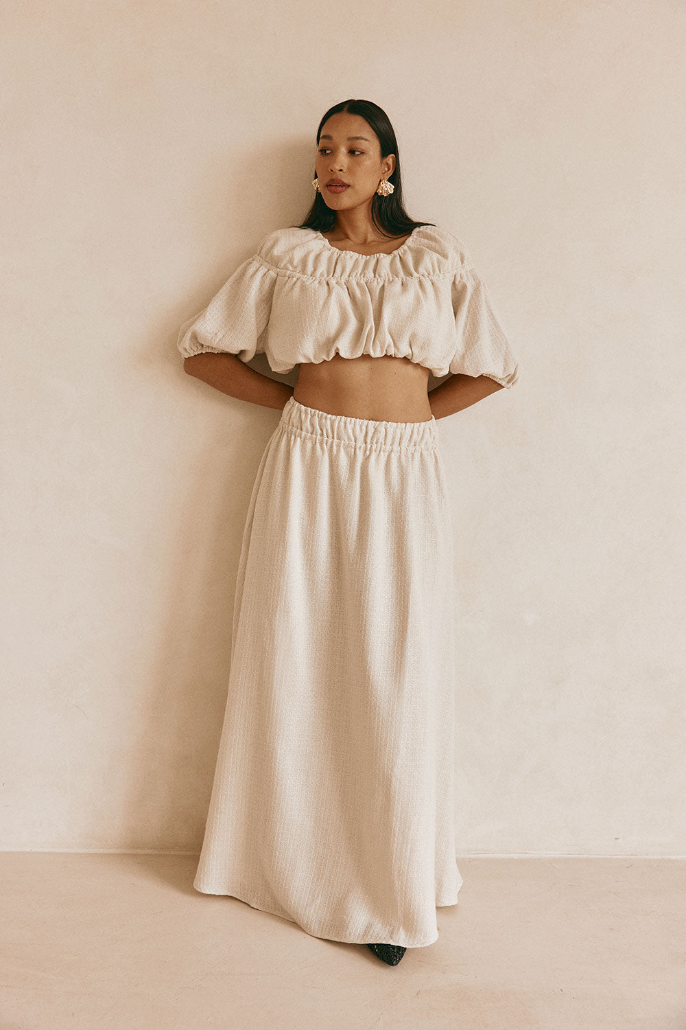 Beige Ruched Puff Sleeve Astra Crop Top