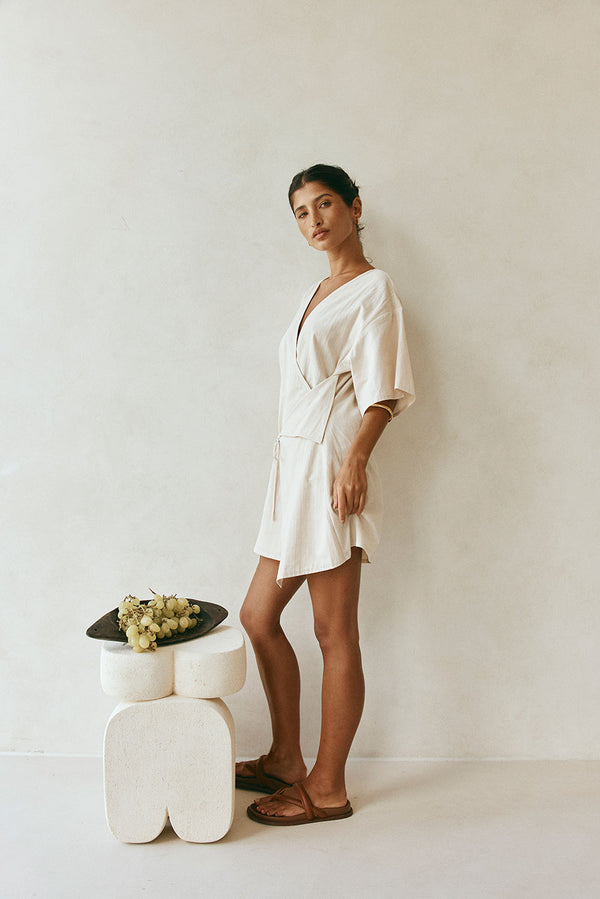 Beige Short Sleeve Wrap Mini Harper Dress