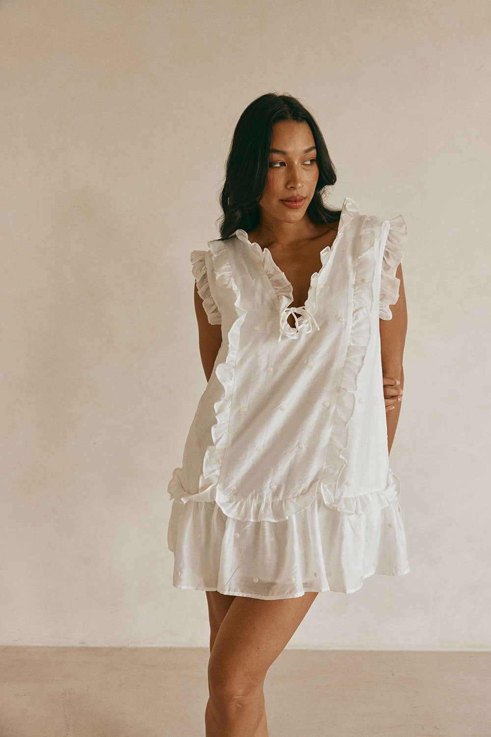 White Textured Stop Ruffle Mini Millie Dress – SABO