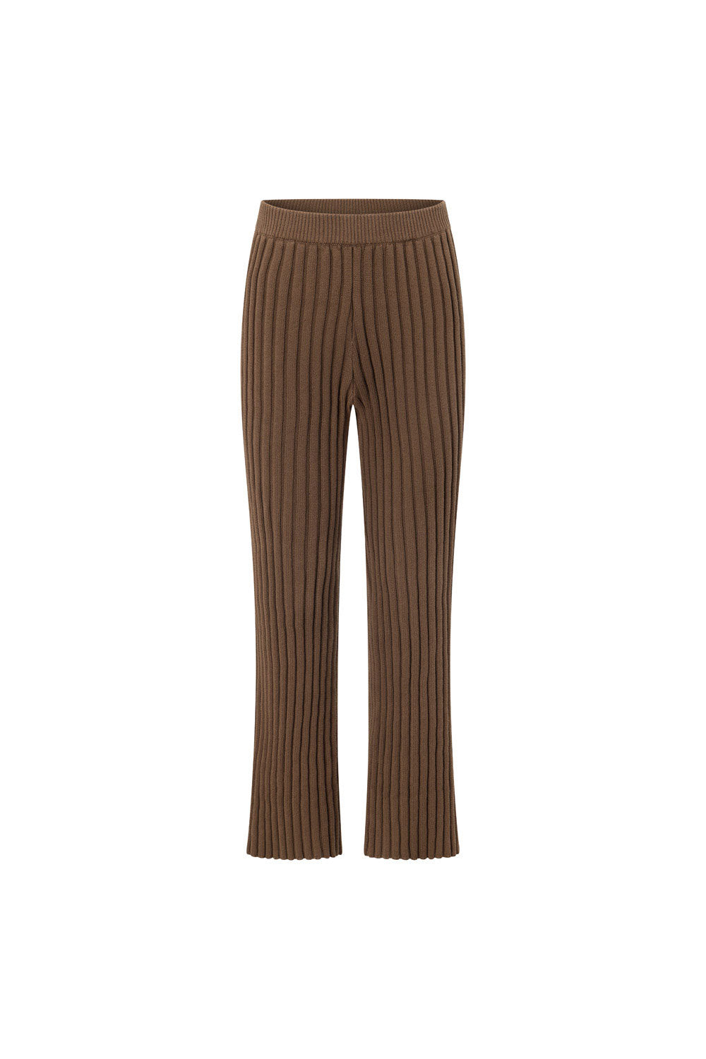 Brown Ribbed Cotton Knit Elastic Neena Pants