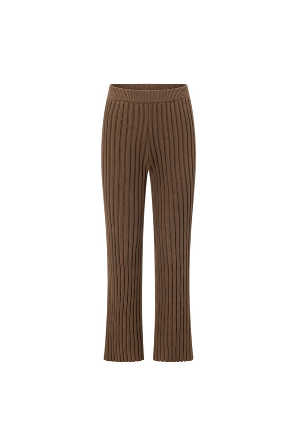 Brown Ribbed Cotton Knit Elastic Neena Pants