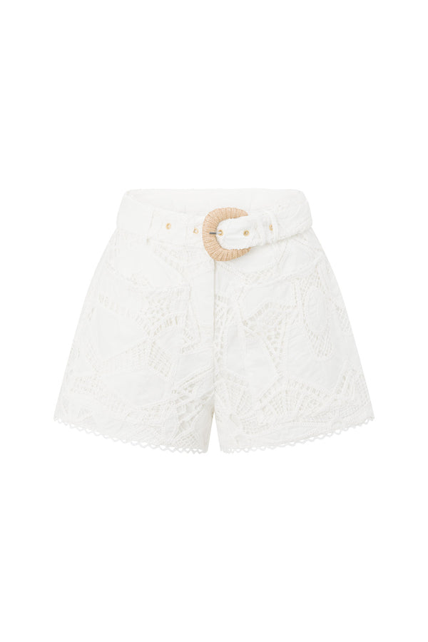 White Embroidered Cutwork Pocket Cielo Shorts