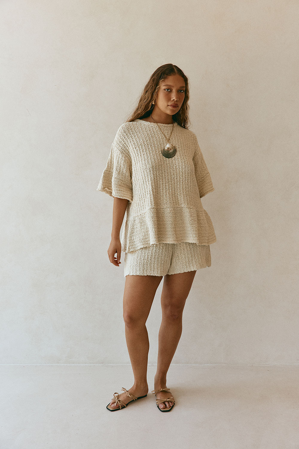 Beige Woven Knit Trisha T Shirt Top