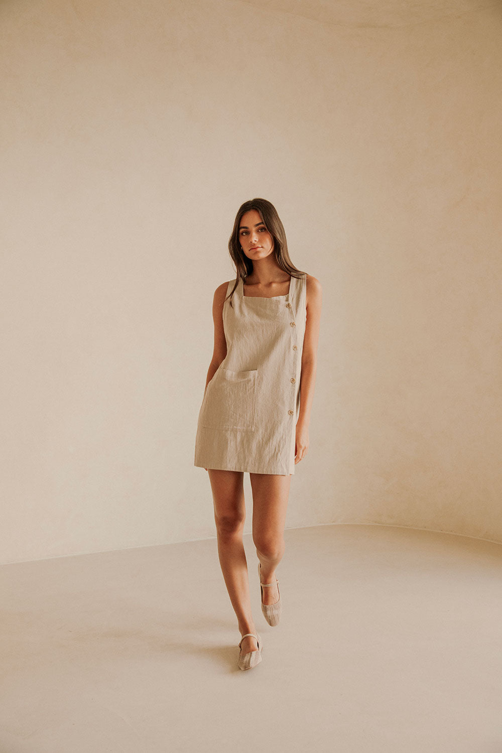 Beige Button Up Wide Strap Pocket Mini Aida Dress