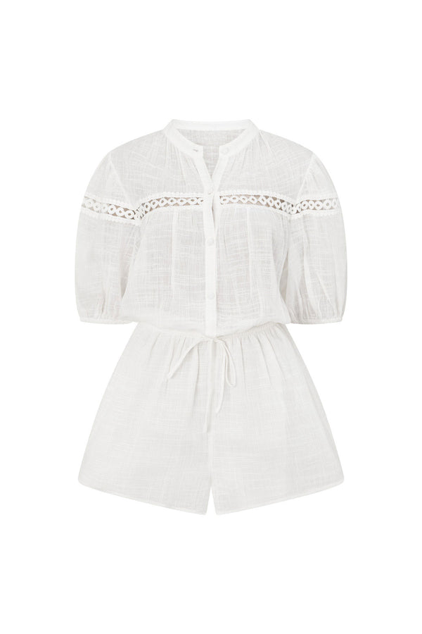 White Lace Button-Up Drawstring Short Sleeve Joi Playsuit