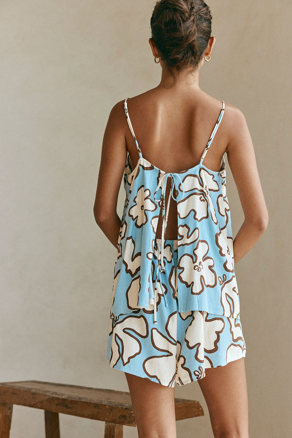 Blue Outline Floral Strappy Back Tie Cian Playsuit