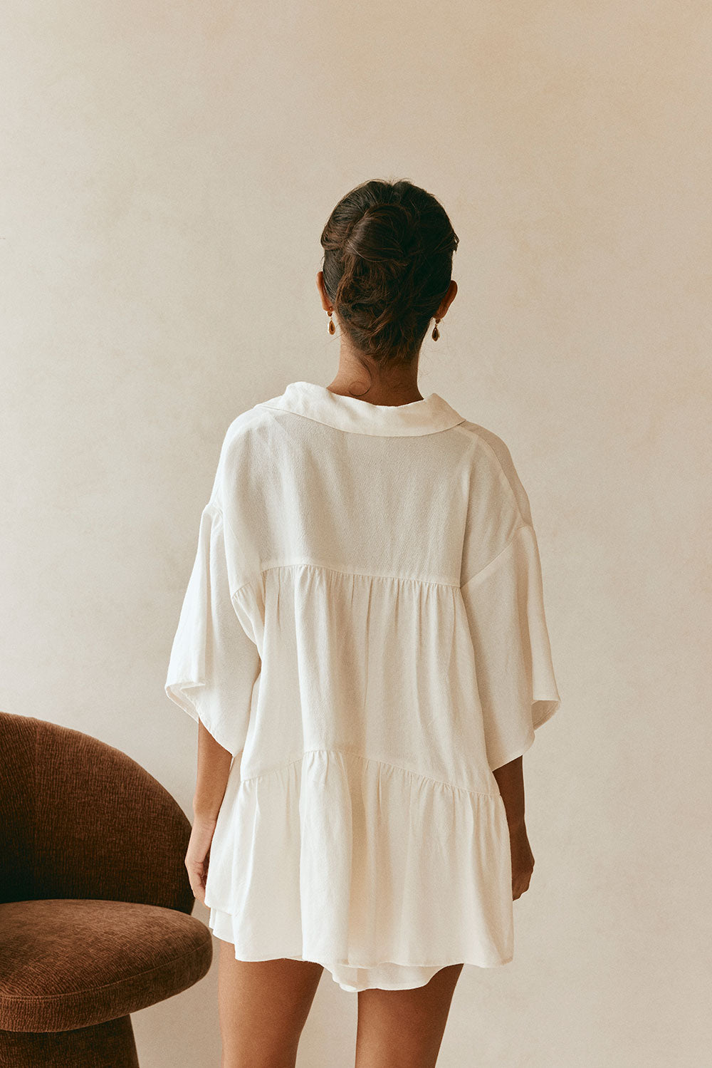 White Short Sleeve Button Up Collar Luna Top