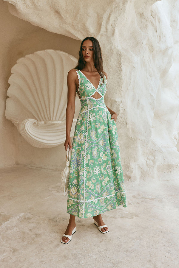 Green Floral Heritage Print V Neck Maxi Evia Dress