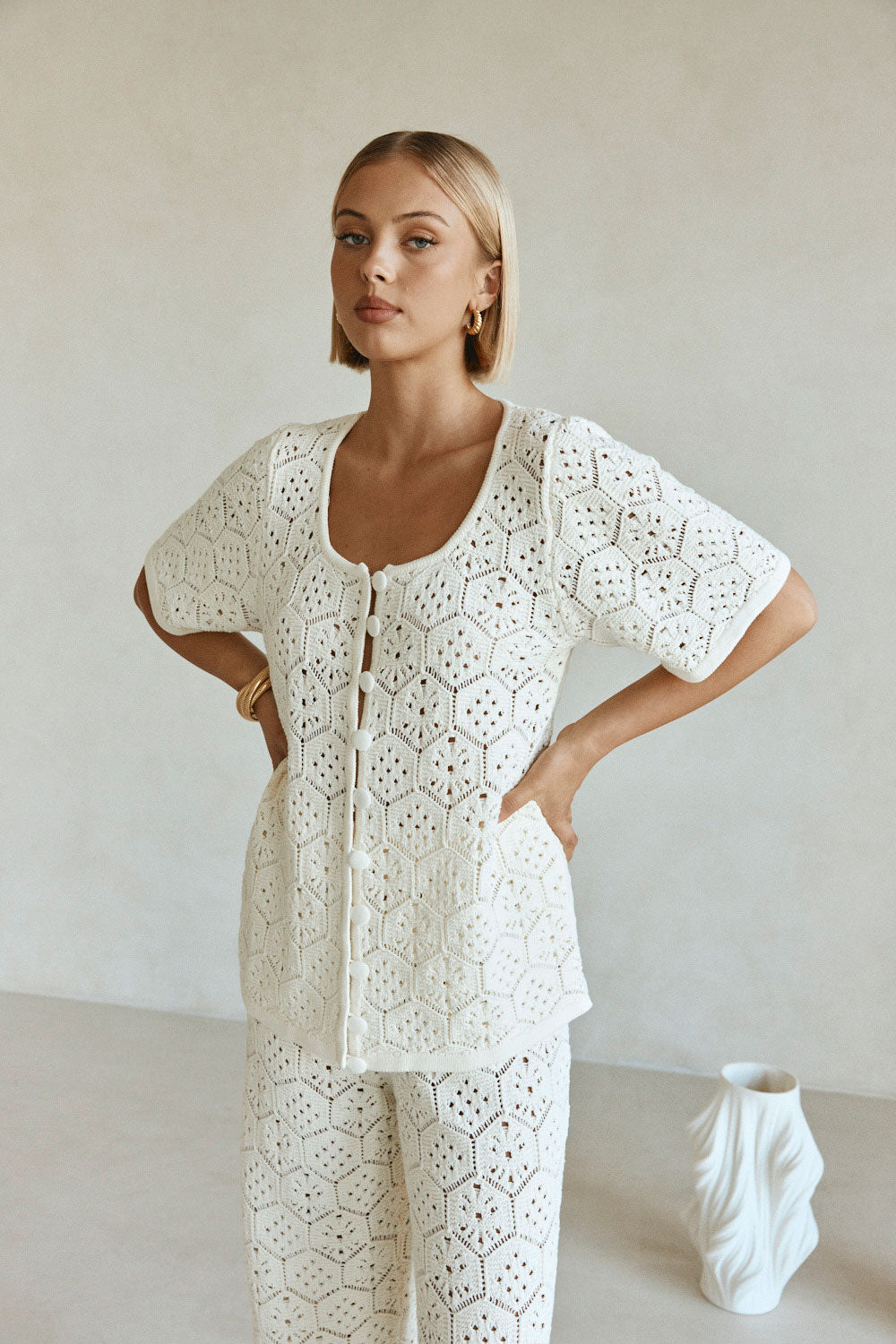 Cream Crochet Knit Button Up Umiko Top