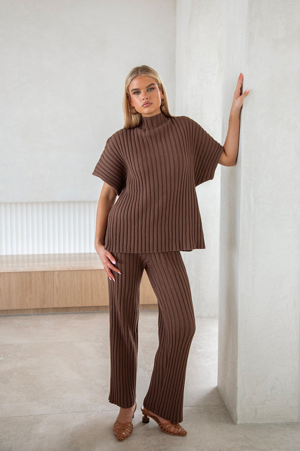 Chocolate Brown Ribbed Knit High Waist Celine Pants