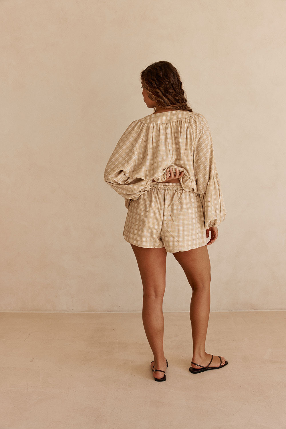 Khaki Gingham Elastic Drawstring Rylia Shorts