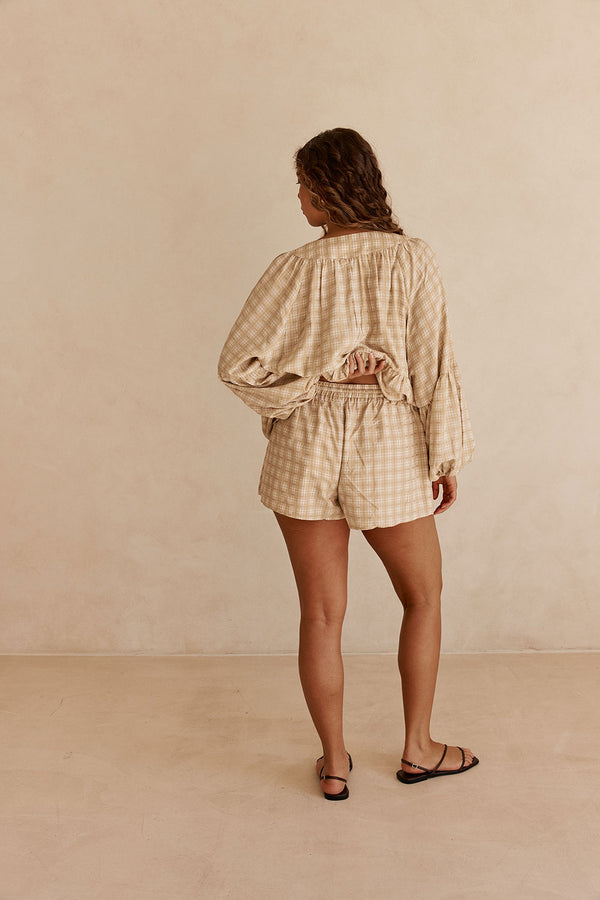 Khaki Gingham Elastic Drawstring Rylia Shorts