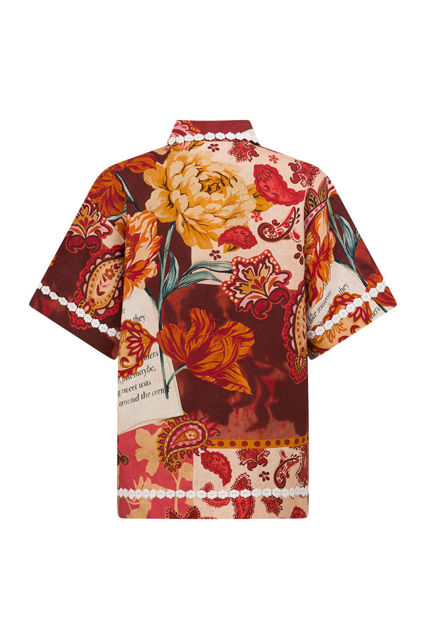Red Floral Barocca Print Button Up Bia Shirt