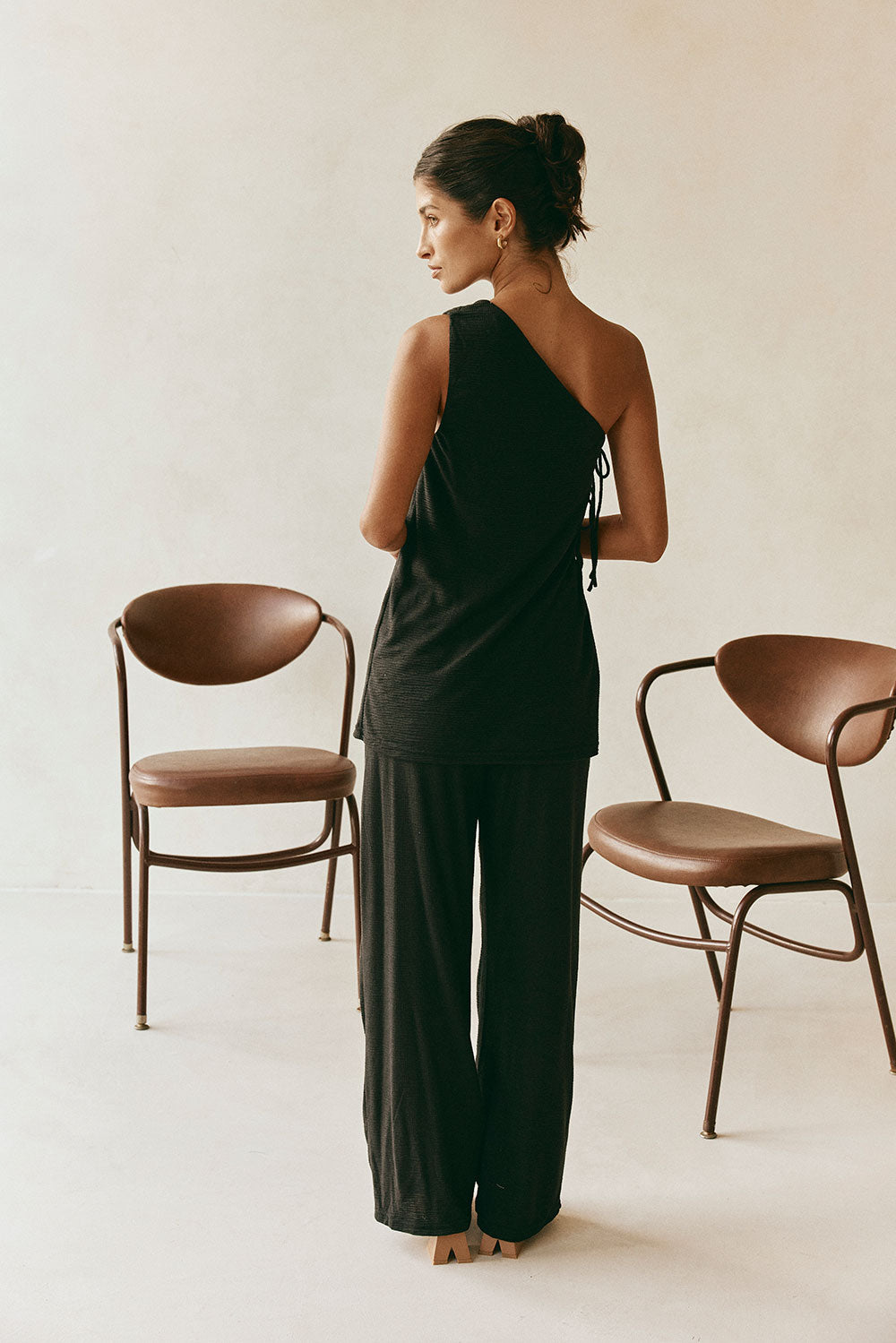 Zen One Shoulder Side Tie Top - Black