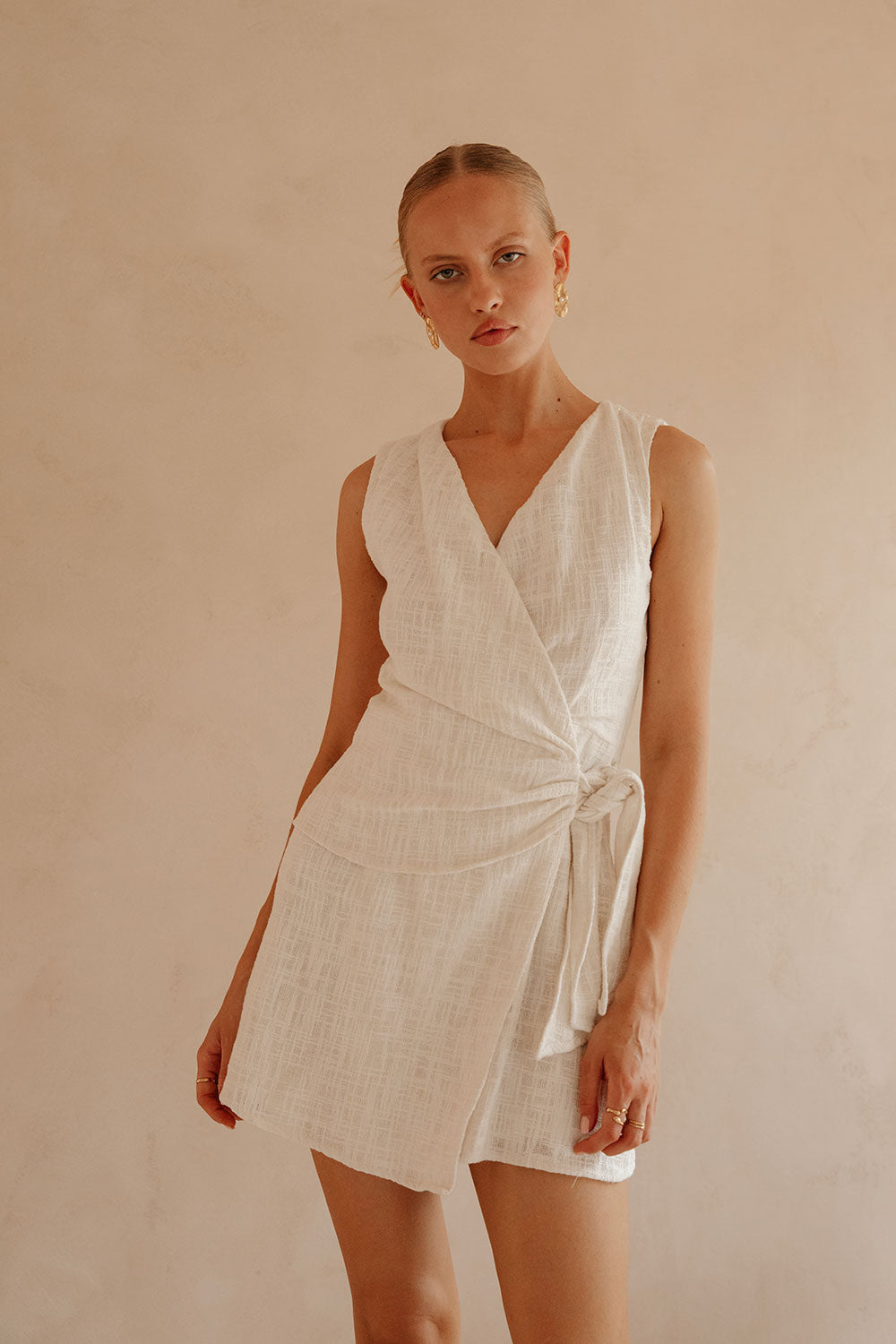 Fallon V Neckline Wrap Mini Dress - White