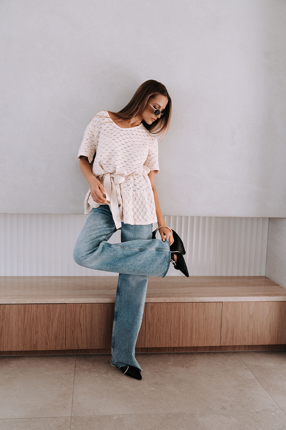 Cream Pointelle Knit Waist Tie Mini Demi Dress