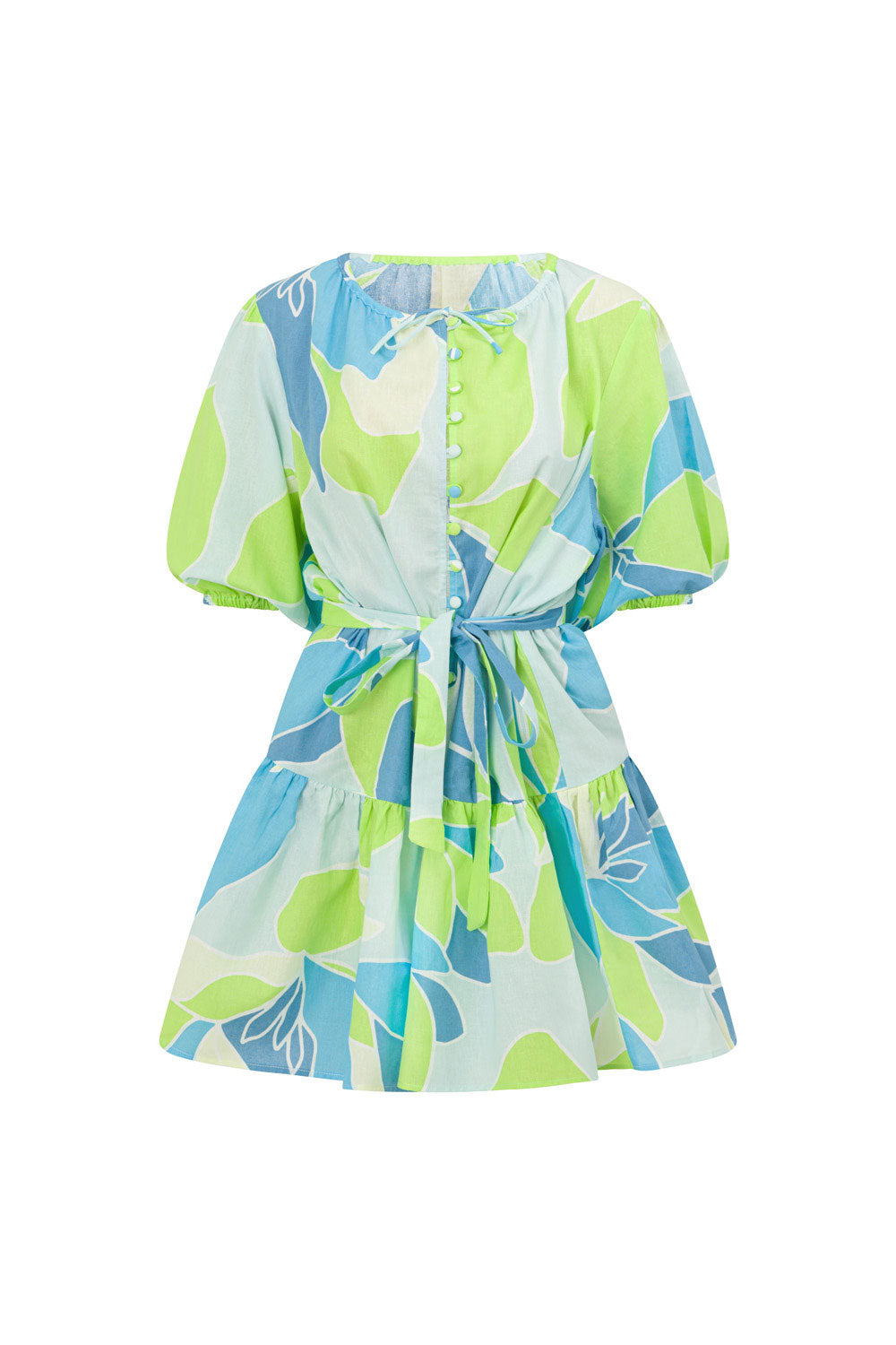 Tenaya Puff Sleeve Button Up Mini Dress - Magnolia Print, Blue, Green, White
