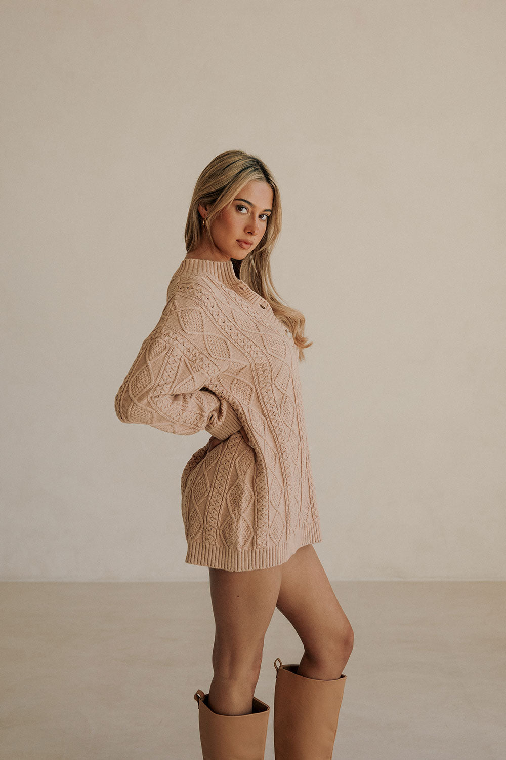 Tan Knit Long Sleeve Collar Mini Kaylan Dress