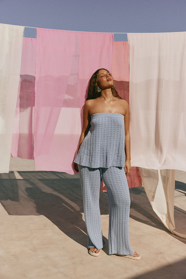 Blue Pointelle Knit Strapless Athena Top