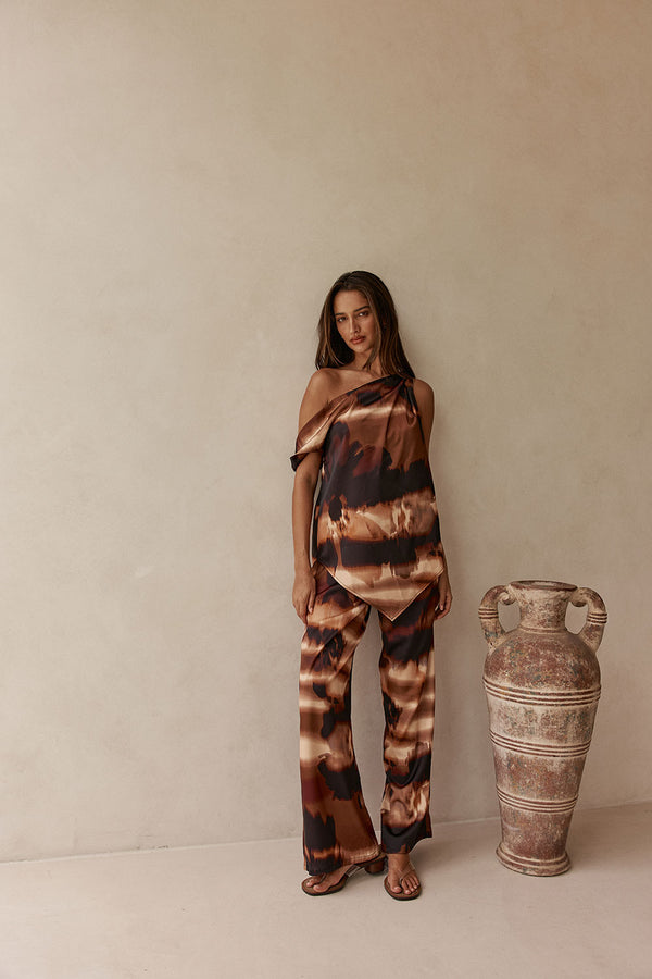 Brown Mirage Bloom Print Satin Saela Top