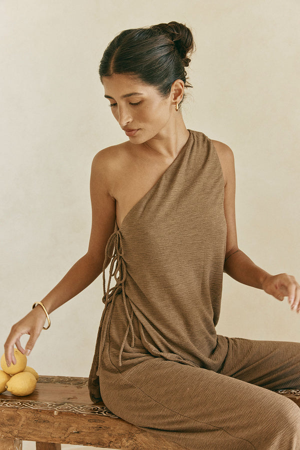 Chocolate Brown One Shoulder Side Tie Zen Top