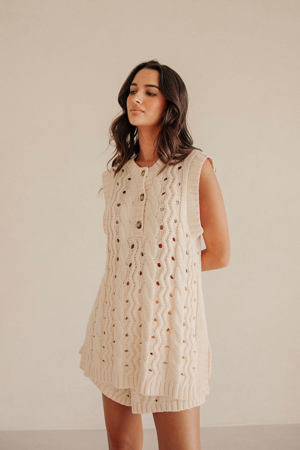 Cream Cable Knit Button Jenna Tunic Top