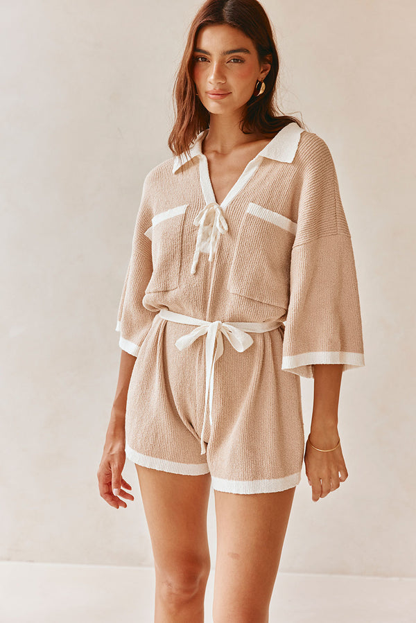 Tan Collar V Neck Tie Sammi Playsuit