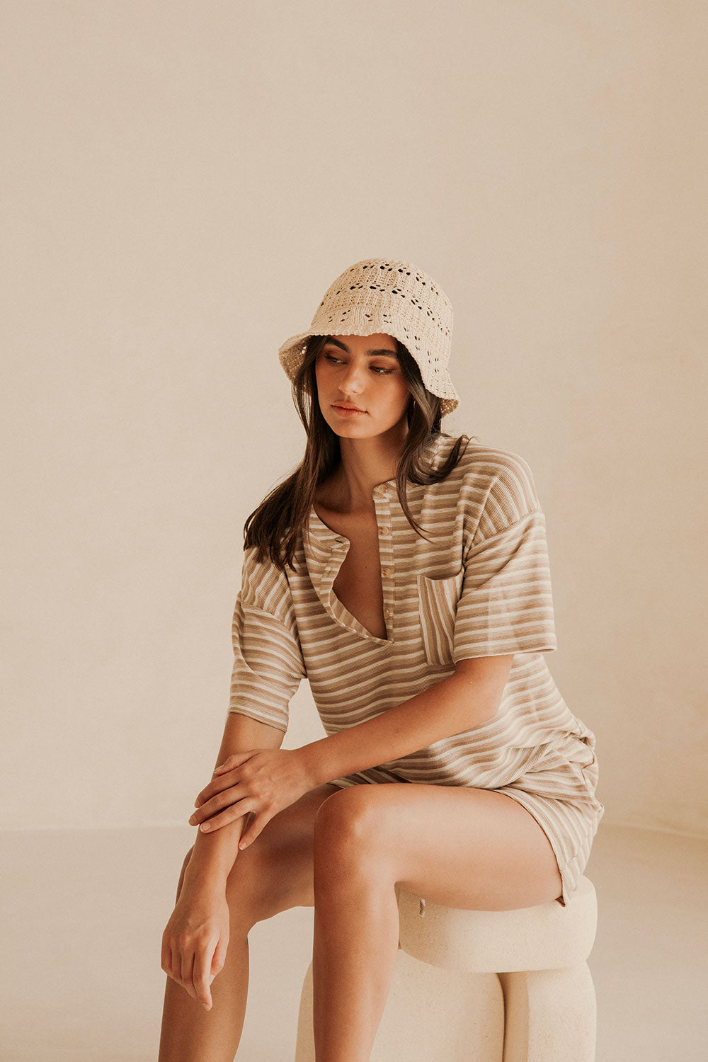 Tan Textured Short Sleeve Button Detail Rhi Top