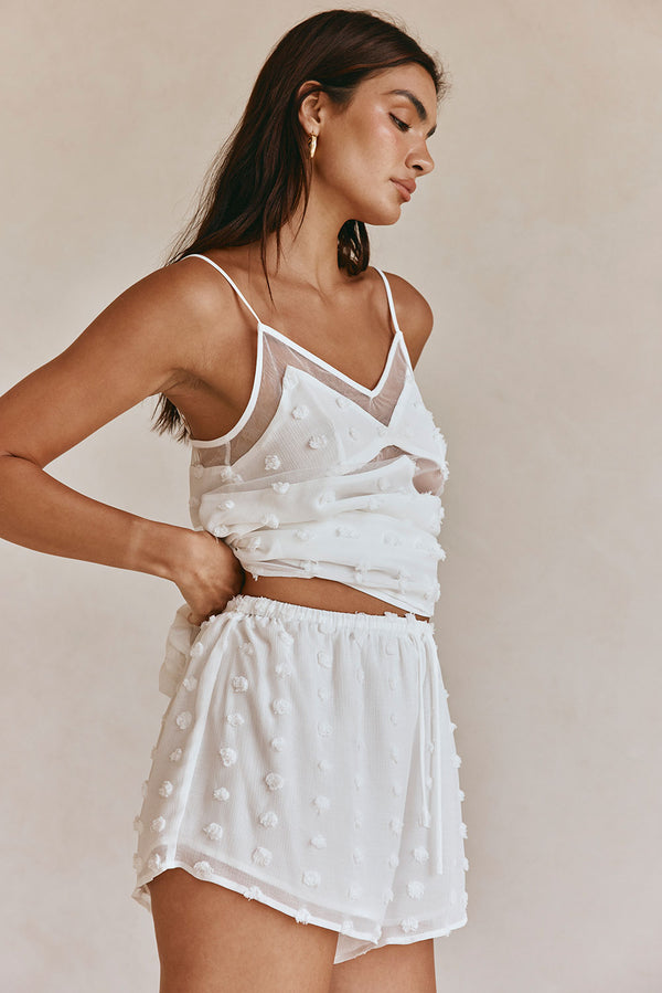 White Textured Spots Drawstring Jacerra Shorts