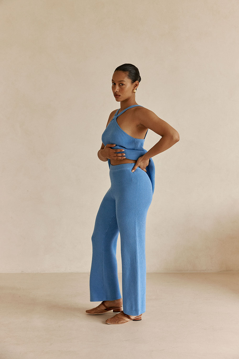 Blue Ribbed Knit High Waist May Pants