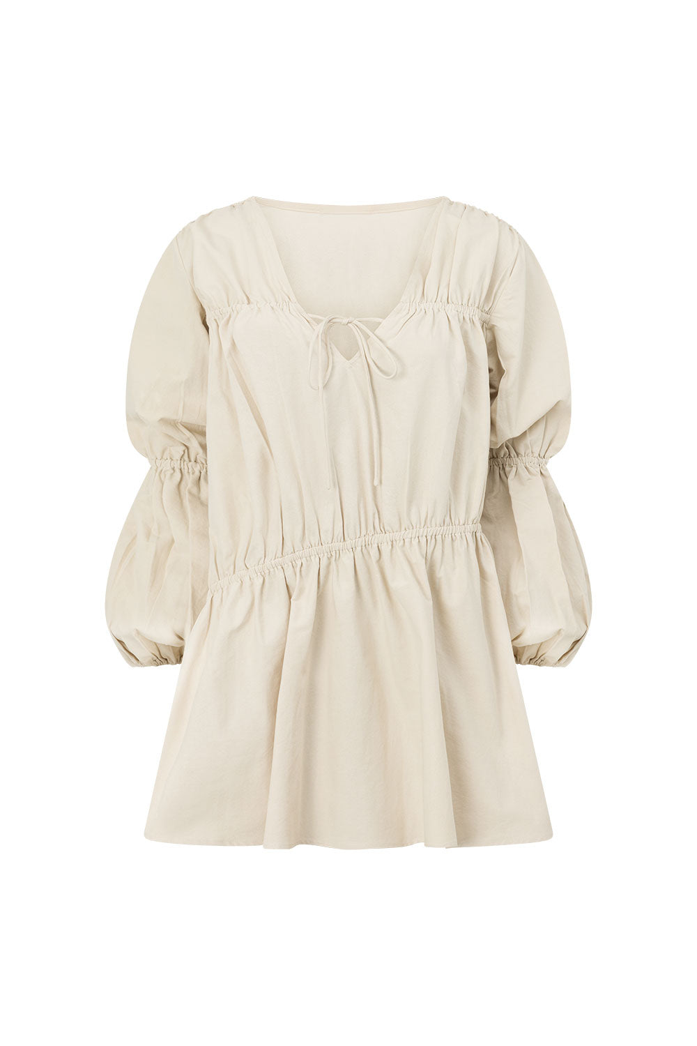 Ava Flounce Long Sleeve Mini Tie Dress - Beige