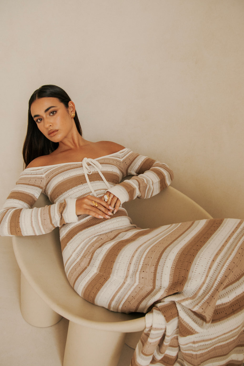 Tameeka Knit Maxi Dress - Stripe White Brown Grey