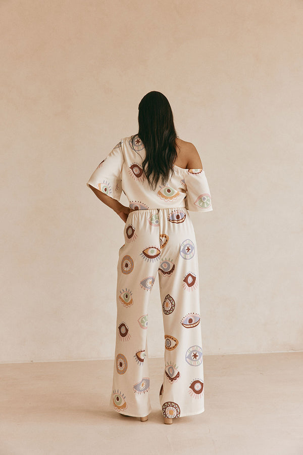 Cream Matia Print Elastic Drawstring Grace Pants