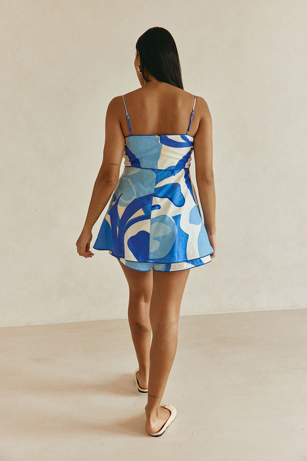 Valley Blue Print Strappy Flared Mirella Playsuit