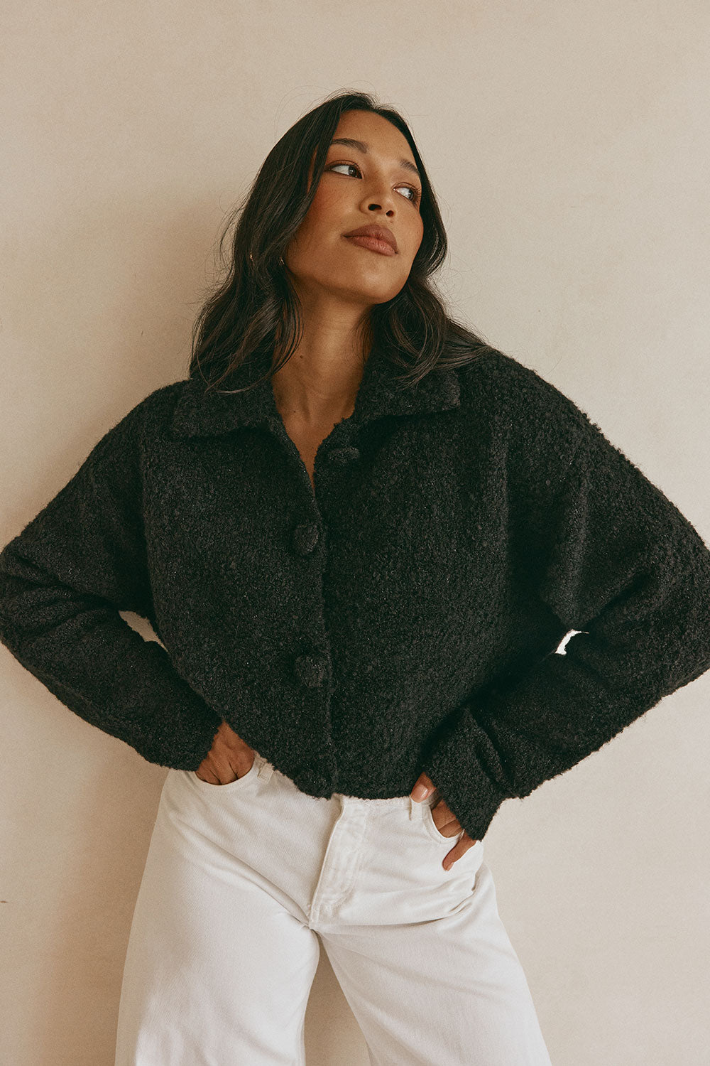 Black Fluffy Knit Cropped Button Addison Cardi – SABO