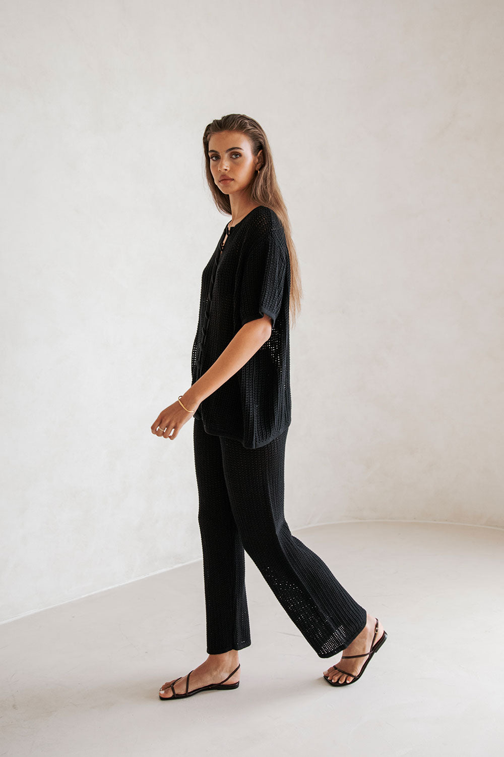 Black Knit Elastic High Waist Wide Leg Zayna Pants
