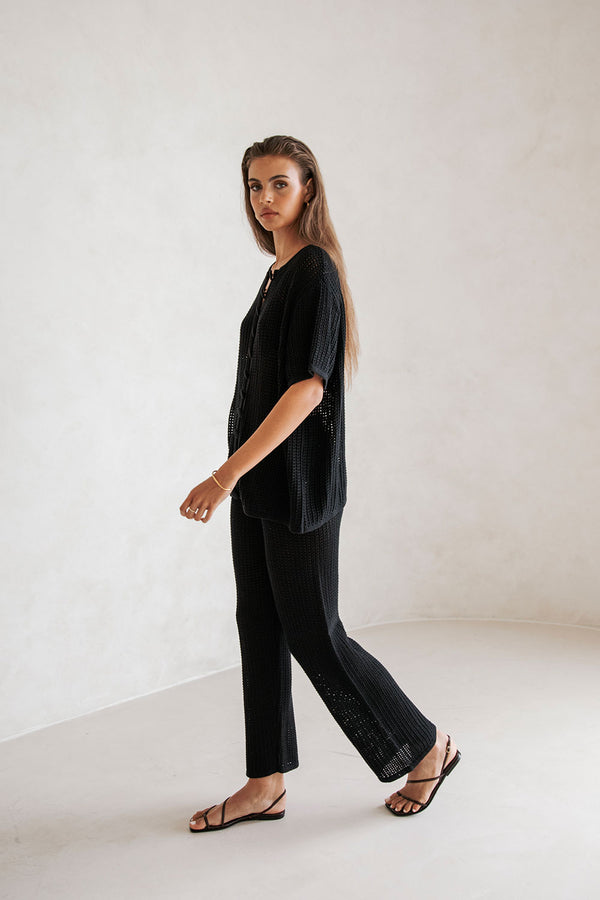 Black Knit Elastic High Waist Wide Leg Zayna Pants