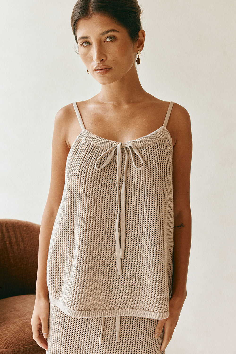 Taupe Knit V Neck Strappy Tie A-Line Havana Top