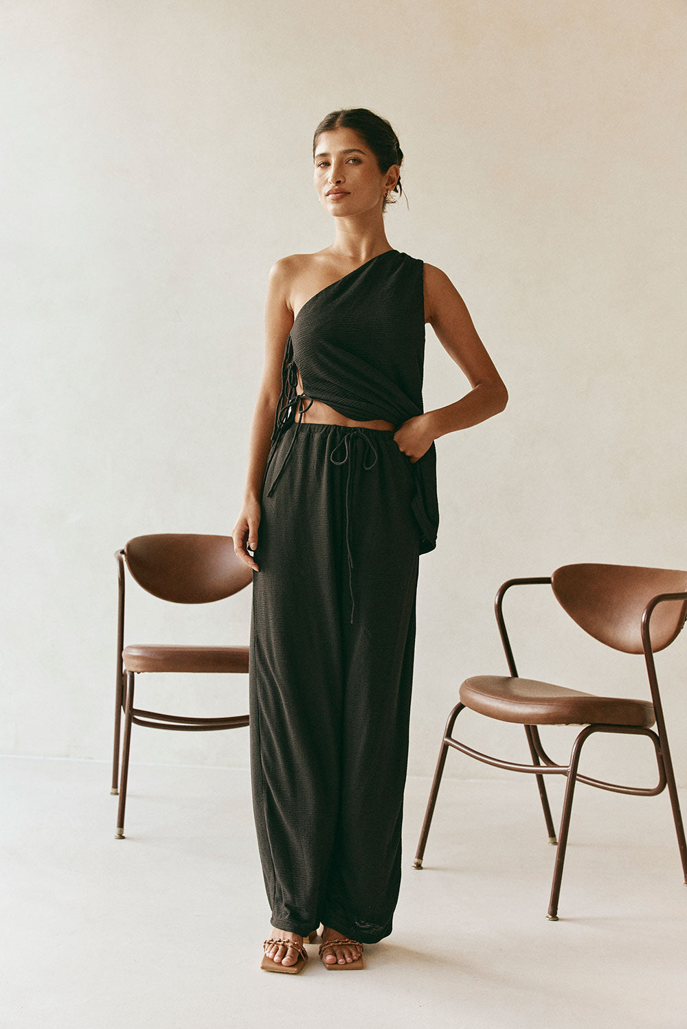 Black High Waist Elastic Drawstring Zen Pants