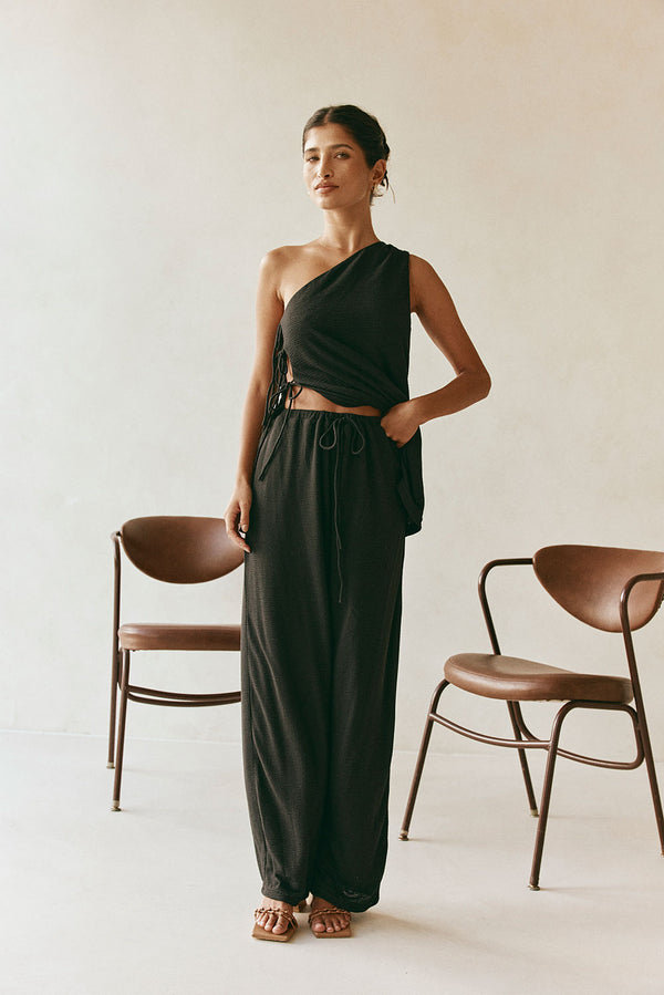 Black High Waist Elastic Drawstring Zen Pants