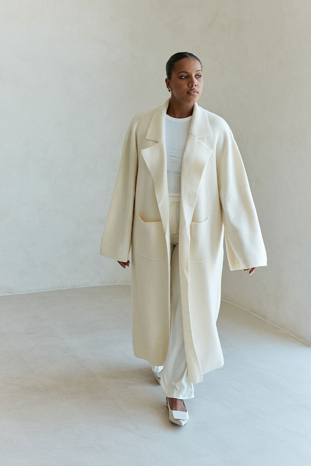 Cream Woolen Relaxed Collared Maxi Adira Jacket – SABO