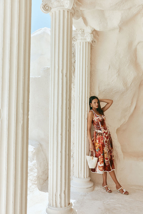 Red Floral Barocca Print Sweetheart Maxi Alessa Dress