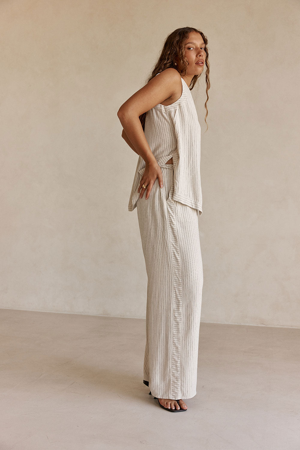 Cream and Black Pinstripe Drawstring Capri Pants