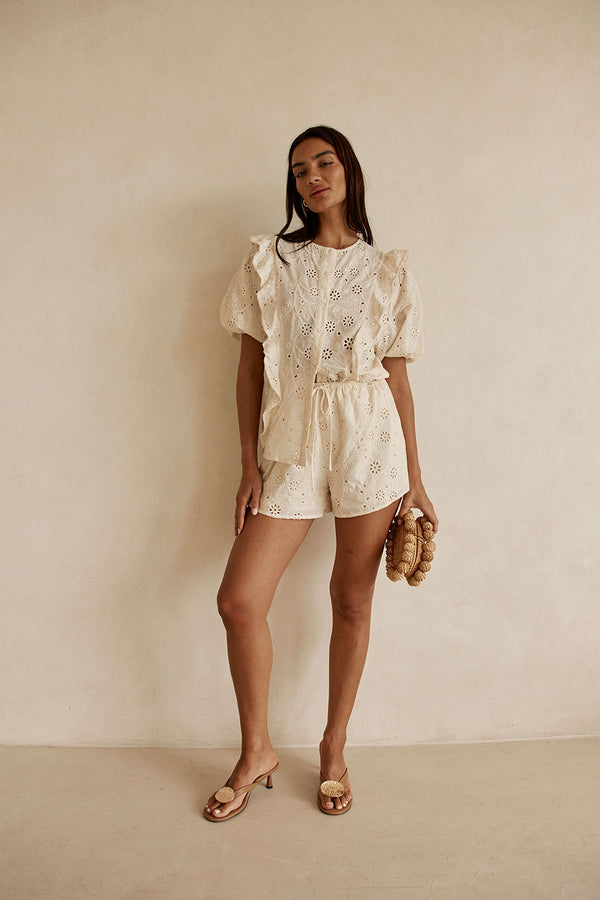 Beige Broderie Ruffle Button Up Wynter Top