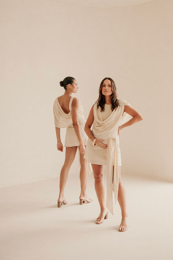 Beige Suede Plunge V Neck Tie Mini June Dress