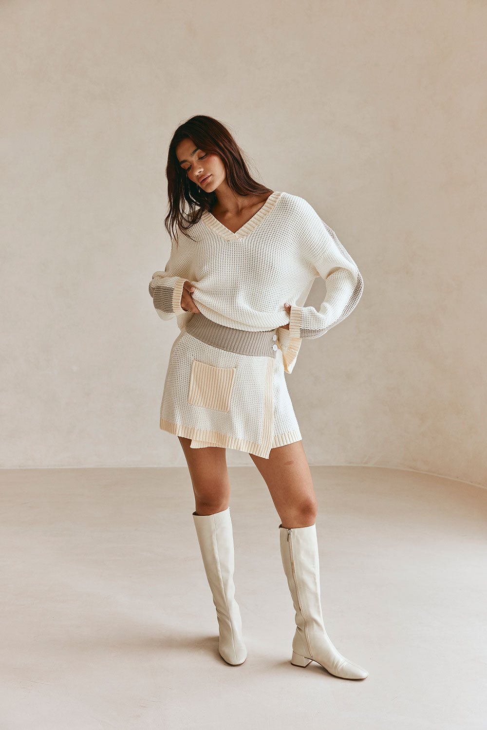 Cream Knit Wrap Mini Button Adelaide Skirt